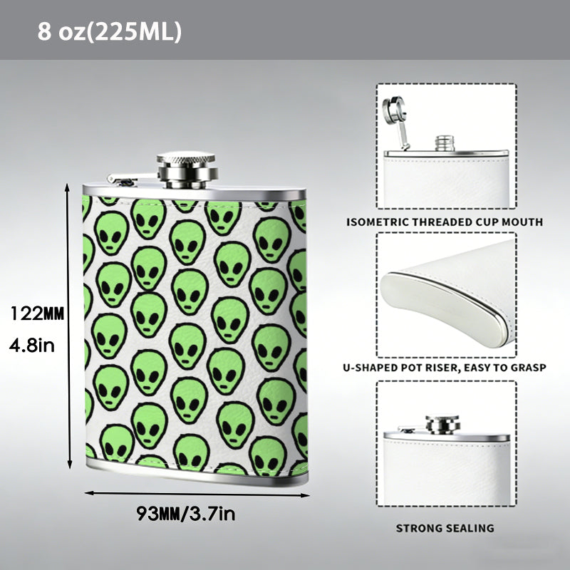 Repeating green alien head patterns 8oz Portable Stainless Steel Hip Flask - Juice Flask - Perfect Groomsmen Gift - Unique Whiskey Flask for Men and Women, Wine Pot Metal - Ideal stainless steel flask for all outdoor activities