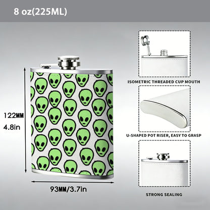 Repeating green alien head patterns 8oz Portable Stainless Steel Hip Flask - Juice Flask - Perfect Groomsmen Gift - Unique Whiskey Flask for Men and Women, Wine Pot Metal - Ideal stainless steel flask for all outdoor activities