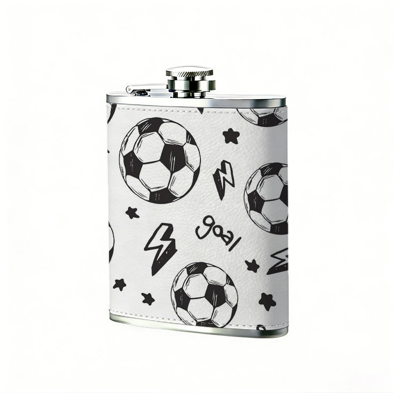 Soccer balls, stars, lightning and text 8oz Portable Stainless Steel Hip Flask - Juice Flask - Perfect Groomsmen Gift - Unique Whiskey Flask for Men and Women, Wine Pot Metal - Ideal stainless steel flask for all outdoor activities