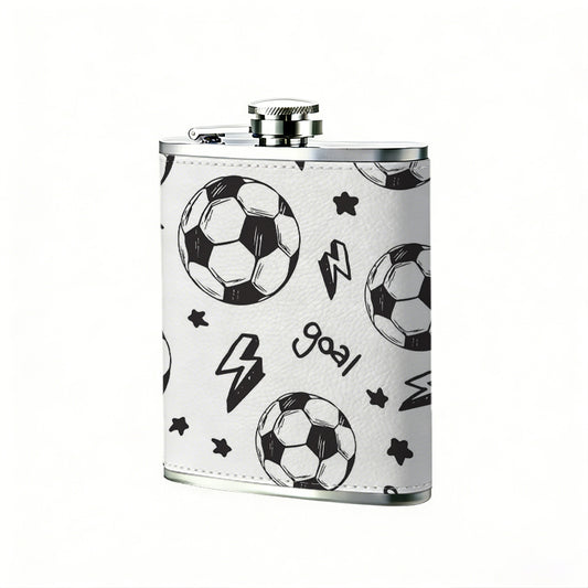 Soccer balls, stars, lightning and text 8oz Portable Stainless Steel Hip Flask - Juice Flask - Perfect Groomsmen Gift - Unique Whiskey Flask for Men and Women, Wine Pot Metal - Ideal stainless steel flask for all outdoor activities