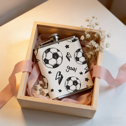 Soccer balls, stars, lightning and text 8oz Portable Stainless Steel Hip Flask - Juice Flask - Perfect Groomsmen Gift - Unique Whiskey Flask for Men and Women, Wine Pot Metal - Ideal stainless steel flask for all outdoor activities