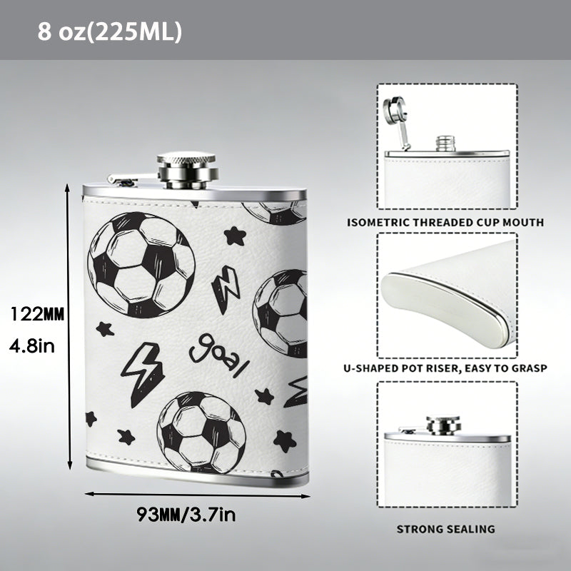Soccer balls, stars, lightning and text 8oz Portable Stainless Steel Hip Flask - Juice Flask - Perfect Groomsmen Gift - Unique Whiskey Flask for Men and Women, Wine Pot Metal - Ideal stainless steel flask for all outdoor activities