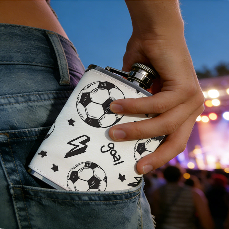 Soccer balls, stars, lightning and text 8oz Portable Stainless Steel Hip Flask - Juice Flask - Perfect Groomsmen Gift - Unique Whiskey Flask for Men and Women, Wine Pot Metal - Ideal stainless steel flask for all outdoor activities