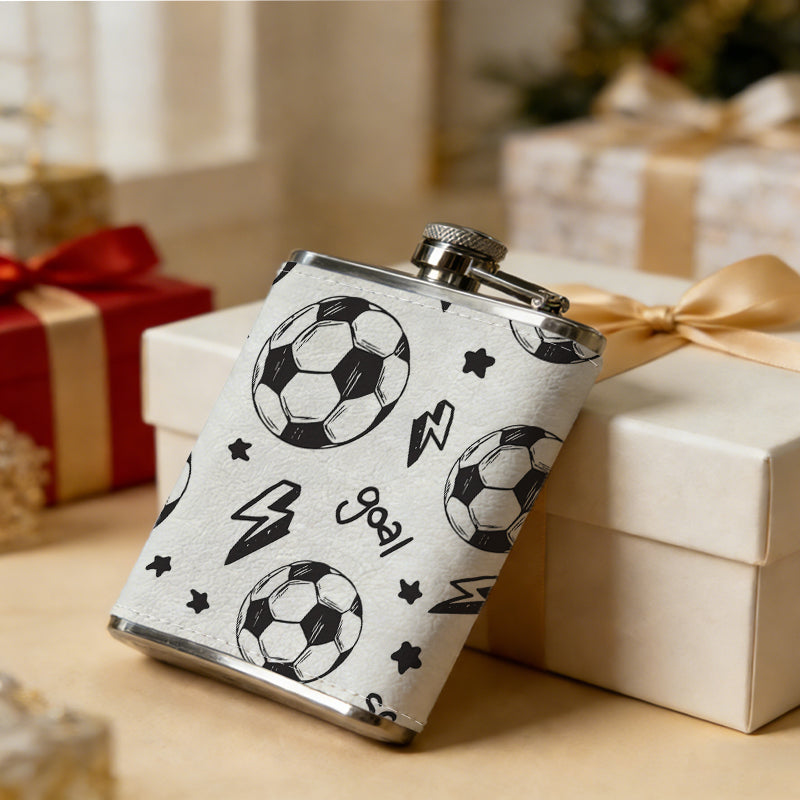 Soccer balls, stars, lightning and text 8oz Portable Stainless Steel Hip Flask - Juice Flask - Perfect Groomsmen Gift - Unique Whiskey Flask for Men and Women, Wine Pot Metal - Ideal stainless steel flask for all outdoor activities