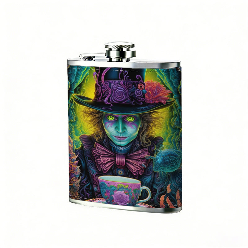 Colorful surreal fantasy artwork with teacup One 8oz Flask – Carries Whiskey, Wine & Juice, Portable Outdoor Gift for Friends