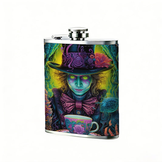 Colorful surreal fantasy artwork with teacup One 8oz Flask – Carries Whiskey, Wine & Juice, Portable Outdoor Gift for Friends
