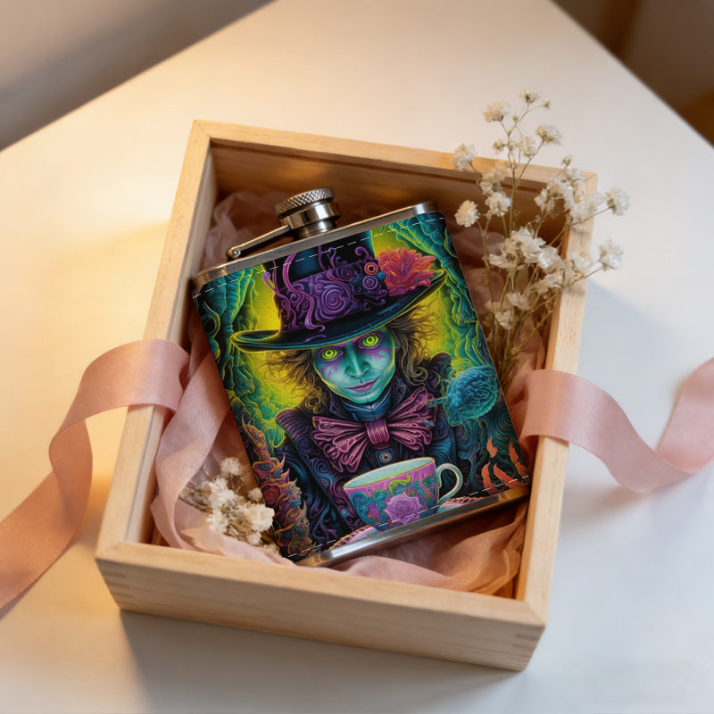 Colorful surreal fantasy artwork with teacup One 8oz Flask – Carries Whiskey, Wine & Juice, Portable Outdoor Gift for Friends