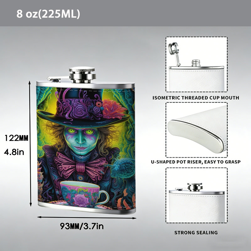 Colorful surreal fantasy artwork with teacup One 8oz Flask – Carries Whiskey, Wine & Juice, Portable Outdoor Gift for Friends