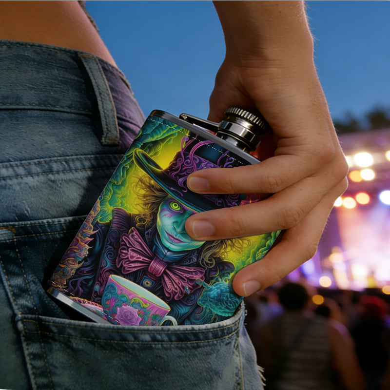 Colorful surreal fantasy artwork with teacup One 8oz Flask – Carries Whiskey, Wine & Juice, Portable Outdoor Gift for Friends