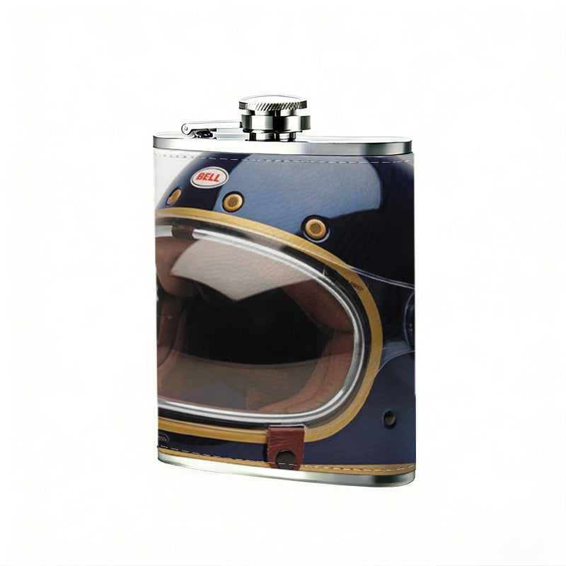 Dark blue vintage motorcycle helmet One 8oz Flask – Carries Whiskey, Wine & Juice, Portable Outdoor Gift for Friends