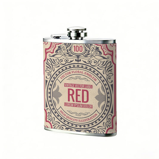 Vintage ornate "RED" label One 8oz Flask – Carries Whiskey, Wine & Juice, Portable Outdoor Gift for Friends