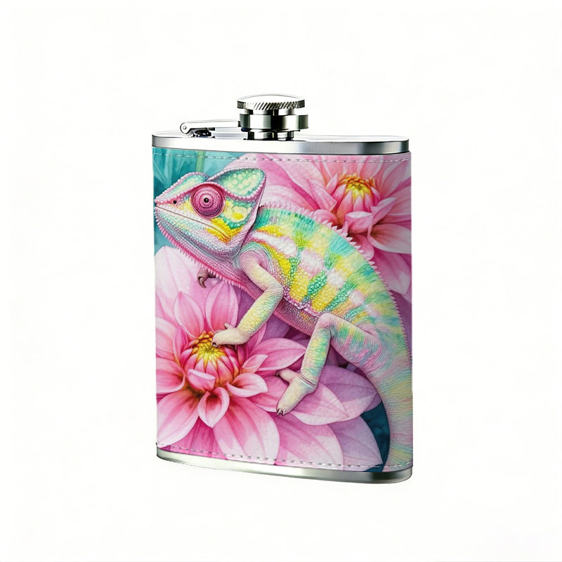 Watercolor chameleon and pink flowers One 8oz Flask – Carries Whiskey, Wine & Juice, Portable Outdoor Gift for Friends