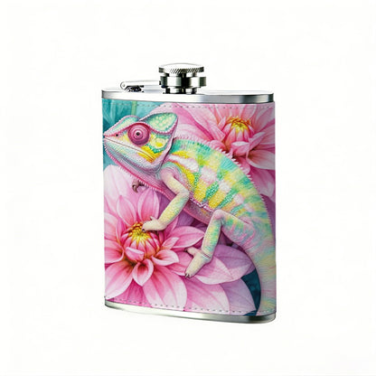 Watercolor chameleon and pink flowers One 8oz Flask – Carries Whiskey, Wine & Juice, Portable Outdoor Gift for Friends