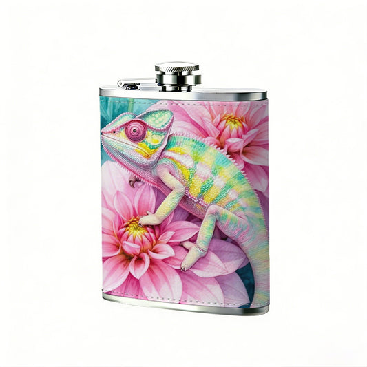 Watercolor chameleon and pink flowers One 8oz Flask – Carries Whiskey, Wine & Juice, Portable Outdoor Gift for Friends