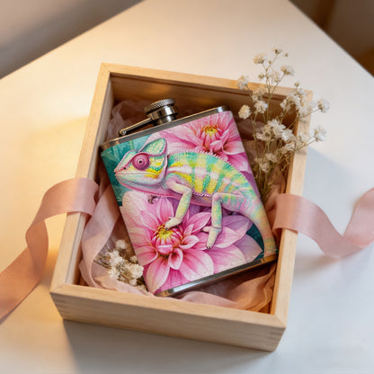Watercolor chameleon and pink flowers One 8oz Flask – Carries Whiskey, Wine & Juice, Portable Outdoor Gift for Friends