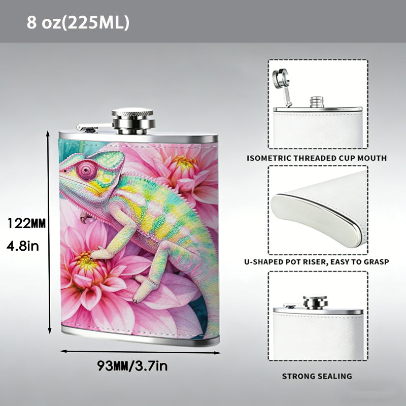 Watercolor chameleon and pink flowers One 8oz Flask – Carries Whiskey, Wine & Juice, Portable Outdoor Gift for Friends