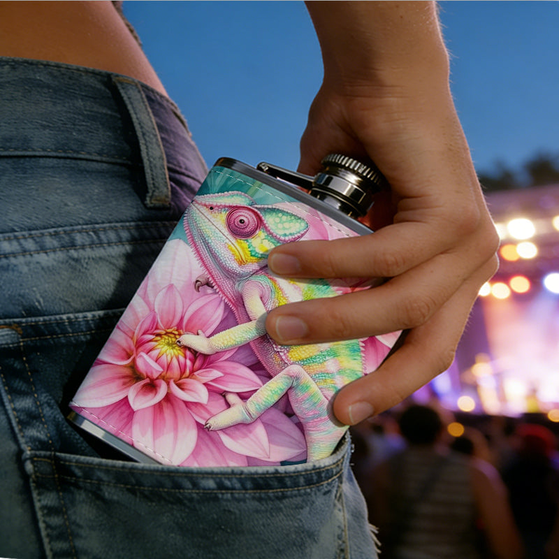 Watercolor chameleon and pink flowers One 8oz Flask – Carries Whiskey, Wine & Juice, Portable Outdoor Gift for Friends