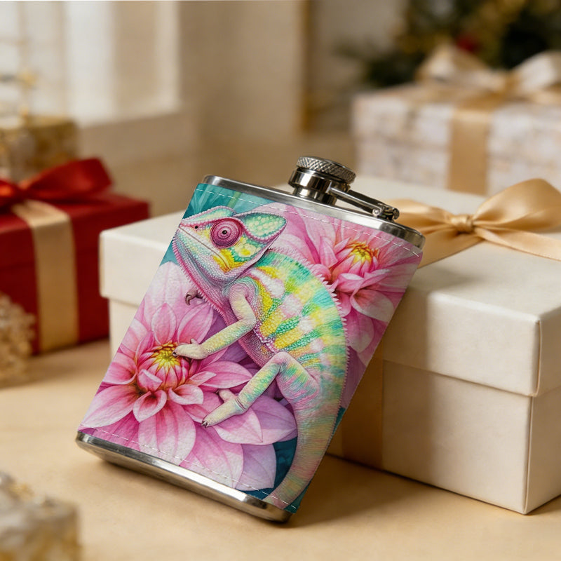 Watercolor chameleon and pink flowers One 8oz Flask – Carries Whiskey, Wine & Juice, Portable Outdoor Gift for Friends