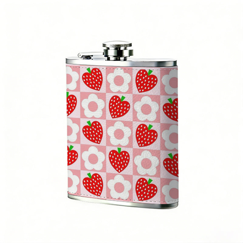 Strawberry pattern on pink background One 8oz Flask – Carries Whiskey, Wine & Juice, Portable Outdoor Gift for Friends