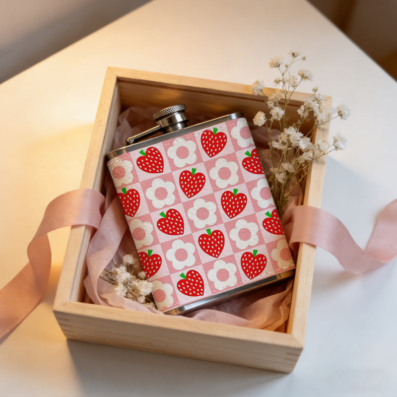 Strawberry pattern on pink background One 8oz Flask – Carries Whiskey, Wine & Juice, Portable Outdoor Gift for Friends