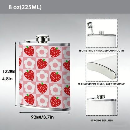 Strawberry pattern on pink background One 8oz Flask – Carries Whiskey, Wine & Juice, Portable Outdoor Gift for Friends