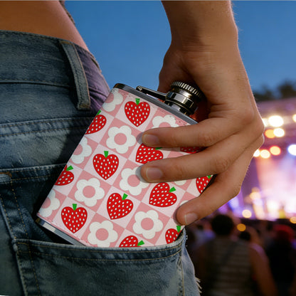 Strawberry pattern on pink background One 8oz Flask – Carries Whiskey, Wine & Juice, Portable Outdoor Gift for Friends