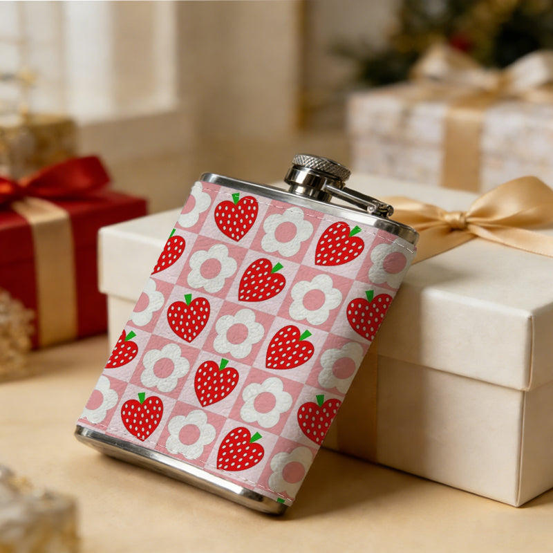 Strawberry pattern on pink background One 8oz Flask – Carries Whiskey, Wine & Juice, Portable Outdoor Gift for Friends