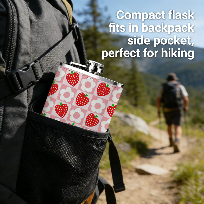 Strawberry pattern on pink background One 8oz Flask – Carries Whiskey, Wine & Juice, Portable Outdoor Gift for Friends