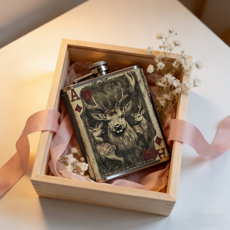 Ace of diamonds with wolf head One 8oz Flask – Carries Whiskey, Wine & Juice, Portable Outdoor Gift for Friends