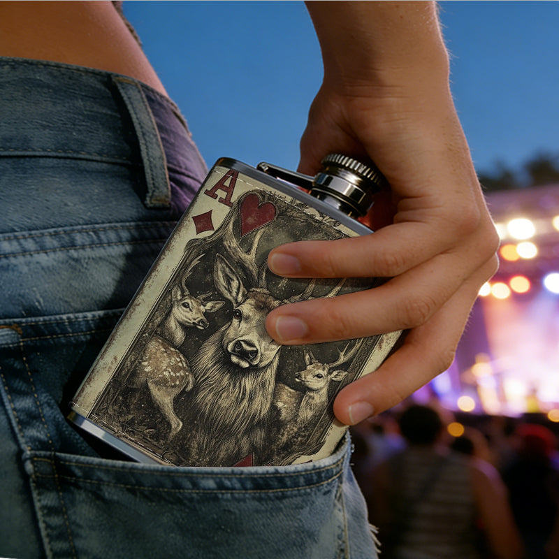 Ace of diamonds with wolf head One 8oz Flask – Carries Whiskey, Wine & Juice, Portable Outdoor Gift for Friends