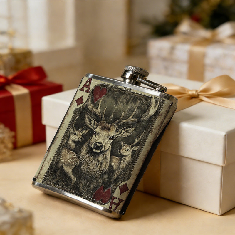 Ace of diamonds with wolf head One 8oz Flask – Carries Whiskey, Wine & Juice, Portable Outdoor Gift for Friends