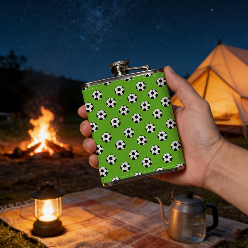 Soccer balls on green background One 8oz Flask – Carries Whiskey, Wine & Juice, Portable Outdoor Gift for Friends