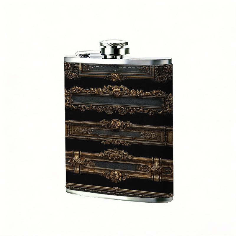 Ornate vintage metal trim strips One 8oz Flask – Carries Whiskey, Wine & Juice, Portable Outdoor Gift for Friends