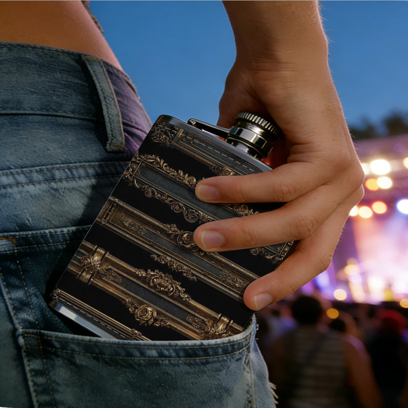 Ornate vintage metal trim strips One 8oz Flask – Carries Whiskey, Wine & Juice, Portable Outdoor Gift for Friends