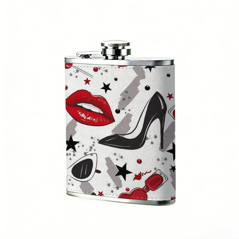 Red lips, high heels and stars pattern One 8oz Flask – Carries Whiskey, Wine & Juice, Portable Outdoor Gift for Friends