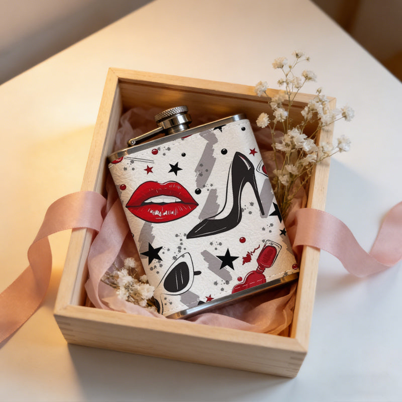 Red lips, high heels and stars pattern One 8oz Flask – Carries Whiskey, Wine & Juice, Portable Outdoor Gift for Friends