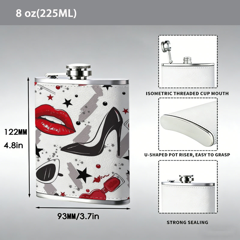 Red lips, high heels and stars pattern One 8oz Flask – Carries Whiskey, Wine & Juice, Portable Outdoor Gift for Friends