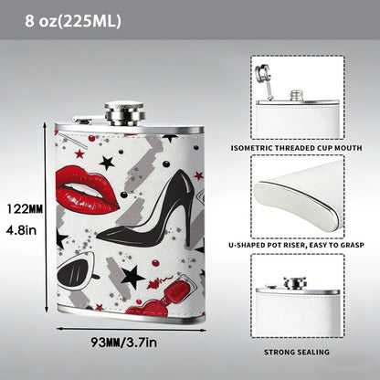 Red lips, high heels and stars pattern One 8oz Flask – Carries Whiskey, Wine & Juice, Portable Outdoor Gift for Friends