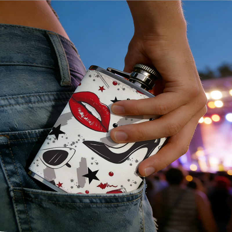 Red lips, high heels and stars pattern One 8oz Flask – Carries Whiskey, Wine & Juice, Portable Outdoor Gift for Friends