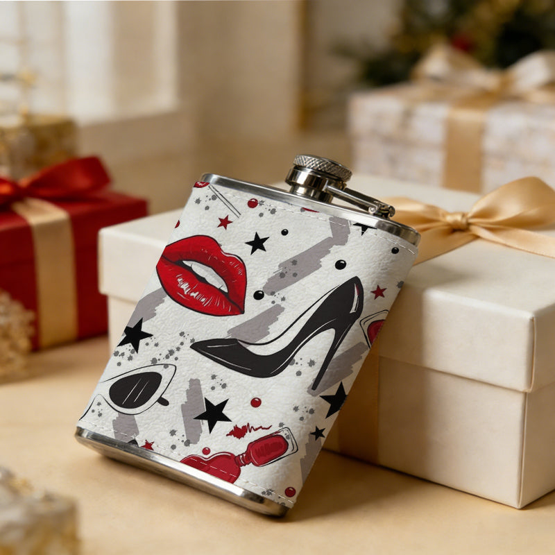 Red lips, high heels and stars pattern One 8oz Flask – Carries Whiskey, Wine & Juice, Portable Outdoor Gift for Friends