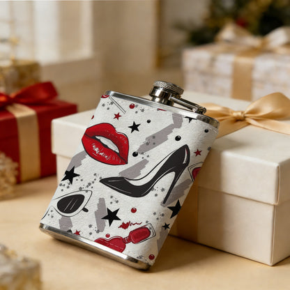 Red lips, high heels and stars pattern One 8oz Flask – Carries Whiskey, Wine & Juice, Portable Outdoor Gift for Friends