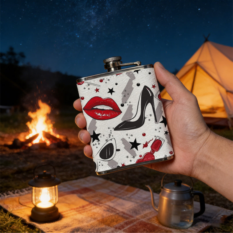 Red lips, high heels and stars pattern One 8oz Flask – Carries Whiskey, Wine & Juice, Portable Outdoor Gift for Friends