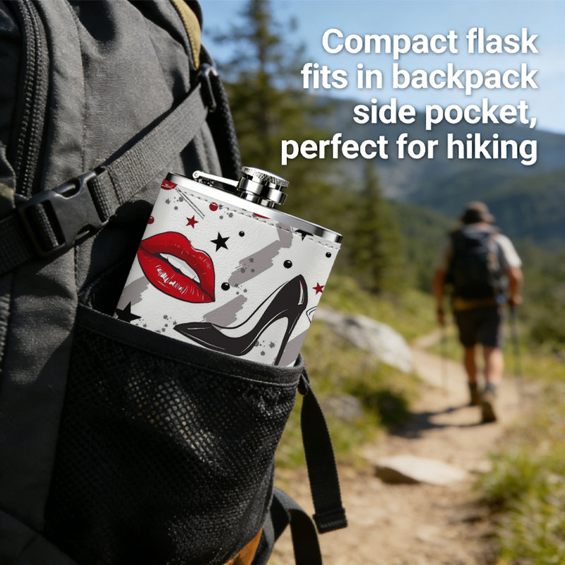 Red lips, high heels and stars pattern One 8oz Flask – Carries Whiskey, Wine & Juice, Portable Outdoor Gift for Friends