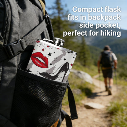 Red lips, high heels and stars pattern One 8oz Flask – Carries Whiskey, Wine & Juice, Portable Outdoor Gift for Friends