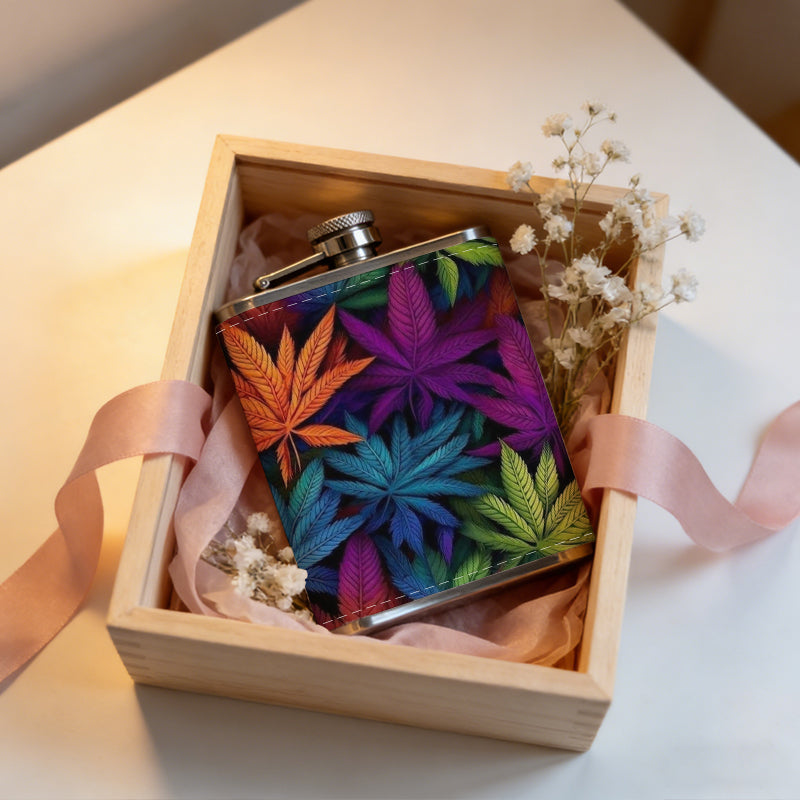 Colorful rainbow tropical leaves One 8oz Flask – Carries Whiskey, Wine & Juice, Portable Outdoor Gift for Friends