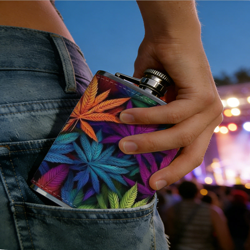 Colorful rainbow tropical leaves One 8oz Flask – Carries Whiskey, Wine & Juice, Portable Outdoor Gift for Friends