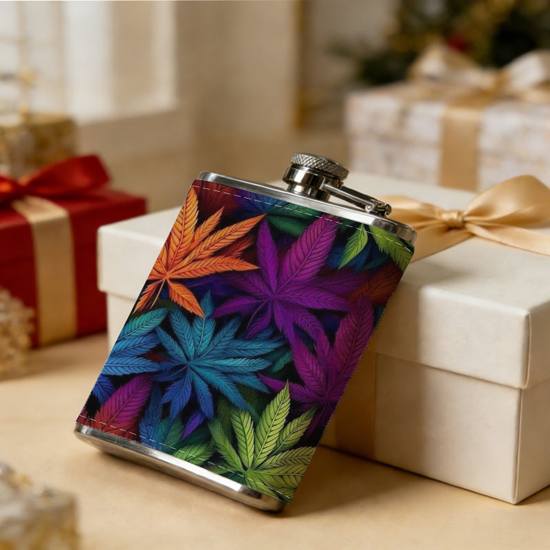 Colorful rainbow tropical leaves One 8oz Flask – Carries Whiskey, Wine & Juice, Portable Outdoor Gift for Friends