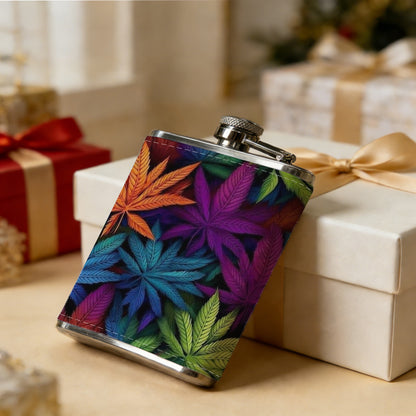 Colorful rainbow tropical leaves One 8oz Flask – Carries Whiskey, Wine & Juice, Portable Outdoor Gift for Friends