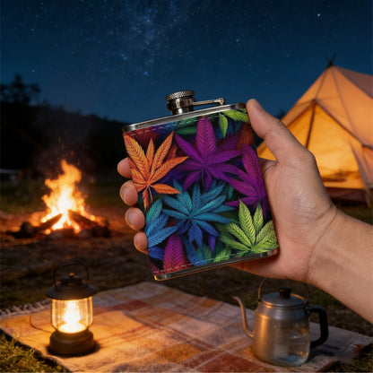 Colorful rainbow tropical leaves One 8oz Flask – Carries Whiskey, Wine & Juice, Portable Outdoor Gift for Friends