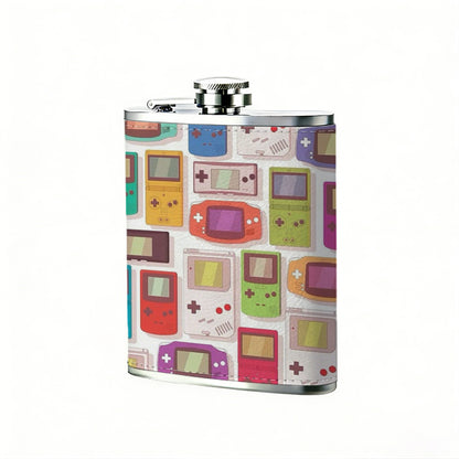 Various colorful retro handheld game consoles One 8oz Flask – Carries Whiskey, Wine & Juice, Portable Outdoor Gift for Friends